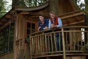 ISSAQUAH, WASHINGTON, APRIL 23 2013: Treehouse Masters' Pete Nelson and son Charlie in the Upper Pond treehouse at Treehouse Point.