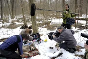 Barbara und Christoph Promberger, Wolfsexperten aus Bayern und Österreich, beim Besendern einen Jungwolf im Zentrum der Zone mit belarusisch-österreichischem Kamerateam.