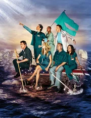 Auf zu neuen Ufern: (v. oben l. n. unten r.) J.D. (Zach Braff), Turk (Donald Faison), Dr. Phil Cox (John C. McGinley), Hausmeister (Neil Flynn), Elliot (Sarah Chalke), Dr. Bob Kelso (Ken Jenkins) und Carla Espinosa (Judy Reyes)