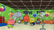 L-R: Patrick, Pearl, Sandy, Larry the Lobster, SpongeBob, Mr. Krabs, Squidward