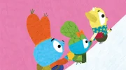 In den Bergen treffen Bop (li.) und Boo (mi.) auf Hans (re.), die jodelnde Bergziege und den absoluten Kletterweltmeister! Er nennt sich selbst den "König der Berge" und Boo möchte so gern die "Königin der Berge" sein... Gemeinsam erklimmen sie den Berg.