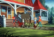 Pippi, Annika und Tommy stellen dem Pferd, dem Hund und der Henne die Villa Kunterbunt als ihr neues Zuhause vor.