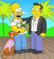 Homer Simpson (M.) winkt viel Geld und Ruhm, denn Knecht Ruprecht (l.) wird von H.K. Duff VII (r.) als neues Maskottchen der Duff-Brauerei auserwählt ...