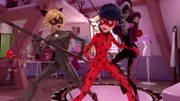 On the left: Cat Noir, in the middle Ladybug
