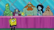 SpongeBob (vorne), King Neptune (3.v.r.), Queen Amphitrite (2.v.r.)