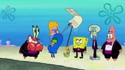 Mr. Krabs (l.), Ms. Mildred (2.v.l.), SpongeBob (3.v.r.), Squidward (2.v.r.), Patrick (r.)