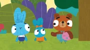 Im Wald treffen Bop (li.) und Boo (mi.) auf Barry (re.), den kleinen Bären, der ganz unglücklich ist, weil der Topf mit Honig, den ihm sein Onkel als Geschenk für seine Mama anvertraut hat, plötzlich spurlos verschwunden ist.