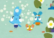 Bop (li.) und Boo (re.) machen Seifenblasen mit ihren Pusterstäbchen.