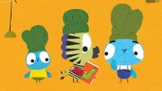 In der sonnigen Savanne lernen Bop (re.) und Boo  (li.) das Zebramädchen Zhenya (mi.) kennen, das eine echte Büchernärrin ist. Sie liest den Brave Bunnies die Geschichte von einem Drachen vor.