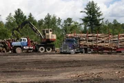 Crane loading a logging truck with wood as seen on episode three of American Loggers.
