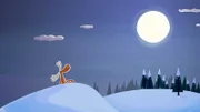 Mitten in der Nacht sitzt Hubert im Schnee und bewundert den strahlenden Vollmond.  Da hört er in der Ferne ein Geräusch.