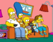 (v.l.n.r.) Homer; Marge; Lisa; Maggie; Nelson