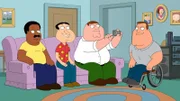 Während Brian und Peter mit der Schwangerschaft zu kämpfen haben, versucht Peter (2.v.l.) mit Joe (r.), Quagmire (2.v.l.) und Cleveland (l.) einen Internethit zu filmen ...