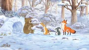 Der kleine braune Hase und seine Freunde treffen im verschneiten Wald auf den kleinen Braunbären, der seine Mutter verloren hat.