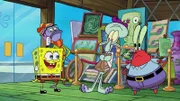 L-R: SpongeBob, art appraiser, Squidward, Mr. Krabs