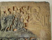 GBN257198 Plaque from a stupa depicting seated Buddha venerated by five disciples, Amaravati School, Nagarjunakonda (marble) by Indian School, (4th century); height: 82 cm; Musee Guimet, Paris, France; (add.info.: Buddha assis, faisant le geste de la charite, venere par cinq premiers disciples;); Bonora; Indian,  out of copyright  Plaque from a stupa depicting seated Buddha venerated by five disciples, Amaravati School, Nagarjunakonda (marble)
