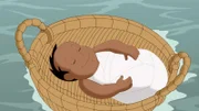 Ein Baby treibt in einem Korb den Fluss entlang.