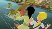 Habib und Cora sehen ein Korb mit einem Baby auf dem Fluss entlang treiben. In nächster Nähe tauchen plötzlich Krokodile auf, die sie bedrohen.