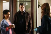 Richard Castle (Nathan Fillion, M.) und Kate Beckett (Stana Katic, r.) befragen Evelyn (Judith Scott, l.) zum Einbruch in ihrem Haus.