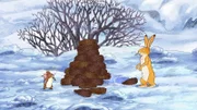 Der kleine braune Hase ist ganz stolz: Er hat einen großen Tannenzapfenbaum gebaut.