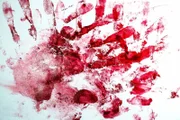 Red Bloody fingerprints and palm print on the white background.