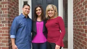 New homebuyers Adam (left), wife Danielle (middle), and real estate agent Kimberly (right), prepare to tour this beautiful traditional brick house in Aurora, IL; as seen on House Hunters.