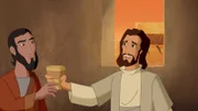 Jesus reicht seinem Jünger den Rotweinkelch zum letzten Abendmahl.