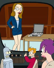 (v.l.n.r.) Bender (l.); Fry (2.v.r.);Leela (r.)