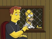 Homer (r.) stellt Pater Sean (l.) zur Rede, doch als es aus der Internatsküche nach Pfannkuchen riecht, beschließt Homer, katholisch zu werden ...