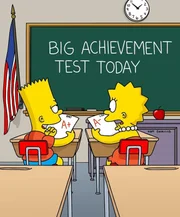 Bart (l.) schneidet bei einem Grundschulleistungstest so schlecht ab, dass er in die dritte Klasse zurückgestuft wird. Lisa (r.) hingegen so gut, dass sie von der zweiten in die dritte Klasse versetzt wird. Jetzt müssen die Kinder die gleiche Klasse besuchen ...