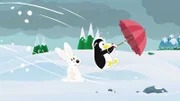 Pinguindame Lissy hat sich von Inui wegen des schlechten Wetters einen Schirm geliehen. Der Sturm bläst sie damit aber wie wild durch die Gegend. Loslassen kommt für sie bei etwas Geliehenem nicht in Frage.