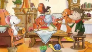 Tilda und ihre Freunde sitzen zusammen bei Tee und Kuchen.