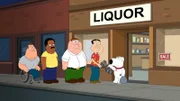 Weil Peter wieder einmal besoffen Unsinn veranstaltet hat, wird in der Stadt das neue "Peters-Gesetz" erlassen: eine Regel, die besagt, dass erst mit 50 Jahren offiziell Alkohol konsumiert werden darf. Wegen der Rechnung in Hundejahren ist Brian (r.) der Einzige, der alt genug ist, um Alkohol zu kaufen, weshalb er für Peter (M.), Joe (l.), Cleveland (2.v.l.) und Quagmire (2.v.r.) einkaufen muss ...