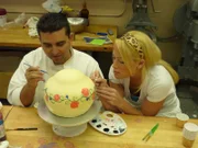 Tea Party Cake and Hells Angels Cake. Buddy and Daniella Storzillo paint an edible tea kettle for the Tea Party cake.