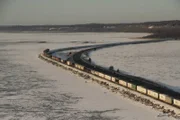 An aerial view of a freight train on its way to Anchorage, Alaska.