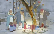 Freunde und Nachbarn treffen sich unter dem "Weihnachtsbaum" von Ernest (4.v.li.) und Celestine (5.v.li.). Alle rätseln, ob der Mäuse- oder der Bärenweihnachtsmann die Geschenke bringt.