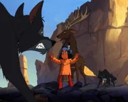 Yakari beschützt das Wapiti vor den hungrigen Wölfen.