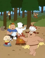 (v.l.n.r.) Stewie, Chris, Brian und Peter verbringen eine dubiose Nacht draußen am Lagerfeuer.