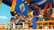 v.li.: Mix, Wheeler, Rubble, Mayor Greatway, Mr. Ducky Doo, Motor, Charger