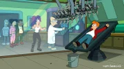 Eine kleine Erkältung hat noch keinem geschadet, denkt sich Fry (r.). Bender (l.), Amy (2.v.l.), Hermes (3.v.l.), Leela (3.v.r.) und der Professor (2.v.r.) sehen das jedoch ganz anders ...