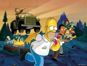 (hinten) Mr. Burns (l.); Smithers (r.); (vorne) (v.l.n.r.) Homer; Carl; Apu; Lenny; Mel; Willie