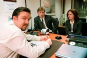 L-R: David Brent (Ricky Gervais), Ray (Tom Goodman-Hill), Jude (Jennifer Hennessy)  Picture Shows: David meets Ray & Jude about his management speech  Series Two of the BAFTA winning comedy, the painfully accurate portrait of the modern work-place that leaves you either counting your blessings or questioning your career.  David Brent tries to assimilate the new Swindon intake, a group of well-trained and highly motivated personnel. It should be an easy job. Sadly, someone forgot to tell them they're meant to laugh at everything David says. Unlucky-in-love Tim finds his fortune changing, we discover there's more to demure Dawn than first meets the eye, but there's even less to Gareth. The photography may only be used for publicity purposes in connection with the broadcast of the programme as licensed by BBC Worldwide Ltd and must carry the shown copyright legend. It may not be used for any commercial purpose without a licence from the BBC.  © BBC 2002