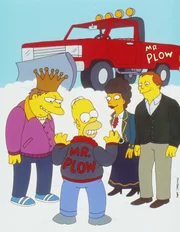 Es liegt Schnee in Springfield, und Barney (l.) und Homer (2.v.l.) sind beide im Besitz eines Schneepflugs. Linda Ronstadt (2.v.r.) und ein Manager (r.) versuchen, die beiden Konkurrenten zu verbünden.