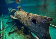 The H.L. Hunley, a confederate Civil War era submarine, sits in its water tank at the Hunley Lab in North Charleston, SC.