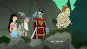 Die Reise im Fantasieland macht Amy (l.), Professor Hubert (2.v.r.), Bender (2.v.l.) und vor allem Fry (r.) gewaltig zu schaffen ...