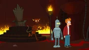 Seit Calculons tragischem Tod vor über einem Jahr sind Bender (M.) und Fry (r.) verzweifelt, denn ihre  Lieblingsserie "Alle meine Schaltkreise", in der Calculon die Hauptrolle gespielt hatte, ist nicht mehr das, was sie mal war ...