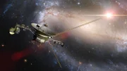 Voyager-Raumsonde vor der Milchstraßengalaxie und einem hellen nahen Stern in der Tiefe des Weltraums (3D-Illustration, Elemente dieses Bildes wurden von der NASA zur Verfügung gestellt)