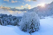 Beautiful morning sunrise view of fresh powder snow in the mountains of the Brandnertal in the Alps in Vorarlberg, Austria, in winter