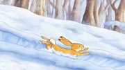 Der kleine Hase liebt es auf seiner tollen Schneerutsche herunterzusausen.