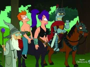 Traum oder Realität? Dr. Hubert (l.), Fry (2.v.l.), Leela (2.v.r.) und Bender (r.) sind in einer Welt gefangen, die der Roboter für sein Rollenspiel erschaffen hat ...